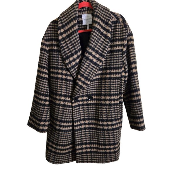 Avec Les Filles Shawl Collar Houndstooth Coat Camel Black Wool Blend Size L - Picture 2 of 8